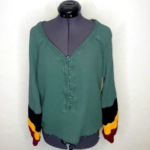 FATE Boho V-Neck Distressed Blouson Long  Sleeve Shirt